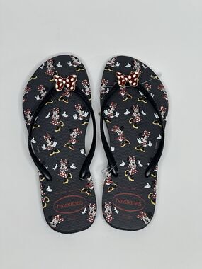 Havaianas Minnie Mouse Flip Flops Women’s 11/12 Metal Bow Charms Black Disney